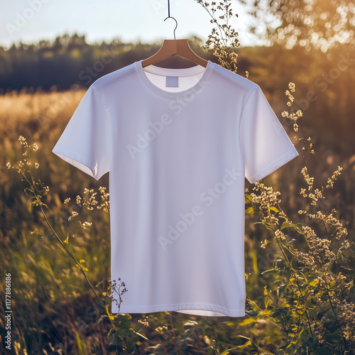 Plain white t-shirt hanging on a wooden hanger outdoors in a natural field setting with sunlight and greenery in the background.