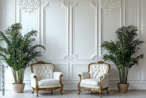 A mock-up of luxurious furniture and decor in a living room with an empty white wall serves as background in this stock photo