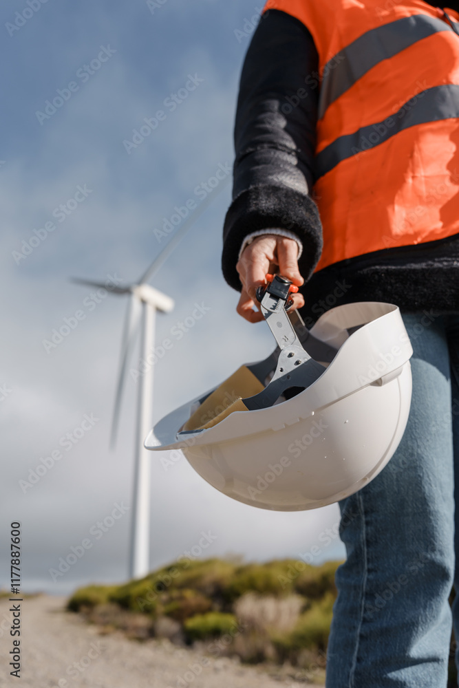 Female engineer holding helmet near wind turbine generator, renewable energy concept Female engineer holding helmet near wind turbine generator, renewable energy concept