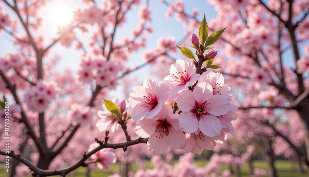 Pink cherry blossoms blooming on tree branch in a spring garden
