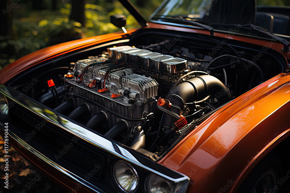 Engine compartment with open hood close-up Engine compartment with open hood close-up
