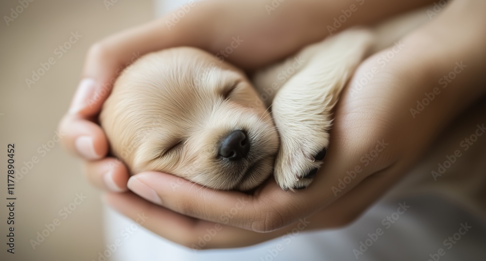 Adorable Sleeping Puppy Cradled in Gentle Hands Expressing Love and Care