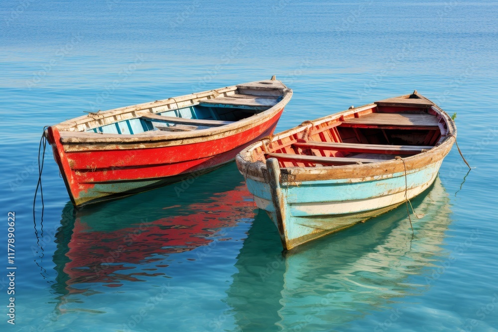 Naklejka premium Serene boat gliding across tranquil waters, surrounded by nature s calm beauty and peace