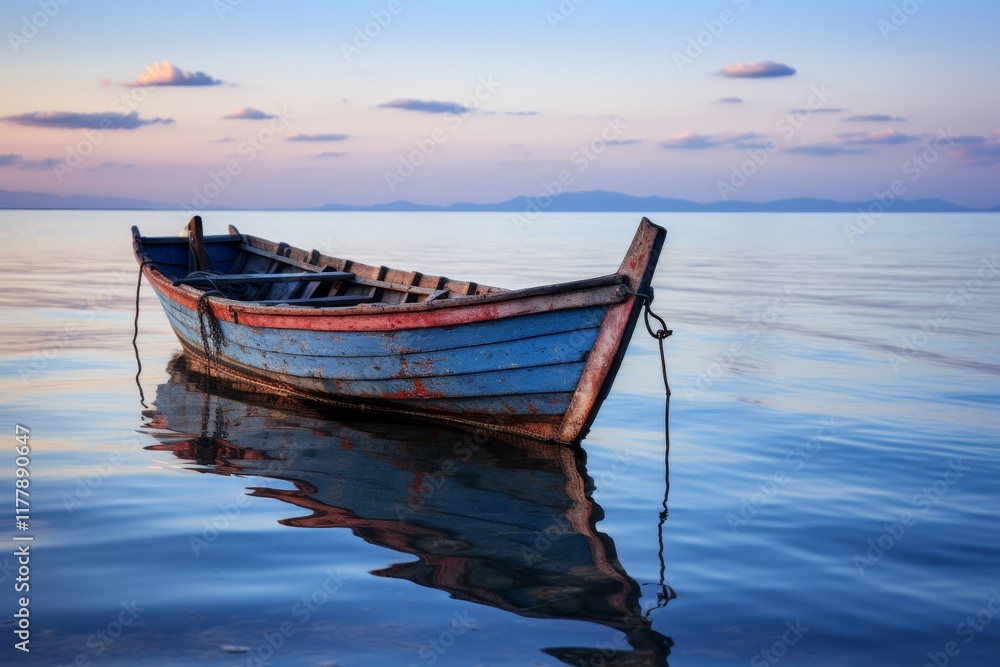 A serene boat gliding effortlessly on calm waters during a breathtaking sunset sky view A serene boat gliding effortlessly on calm waters during a breathtaking sunset sky view