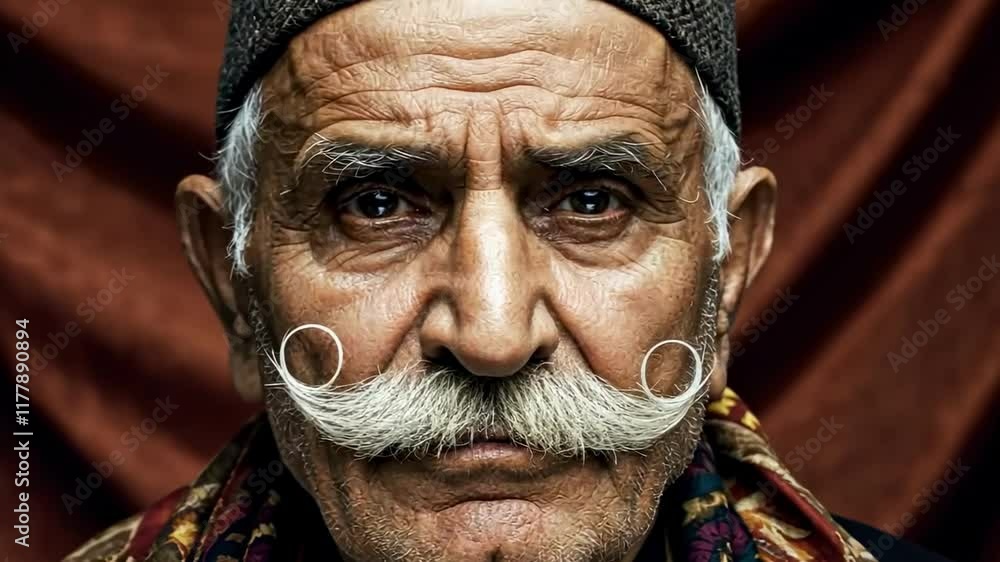 Elderly man with impressive moustache highlighted against rich textured background Elderly man with impressive moustache highlighted against rich textured background