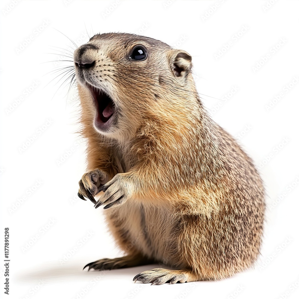 Fototapeta premium Groundhog with wide open mouth on isolated white background. Big discounts, surprise, news, raffle concept. Generated AI