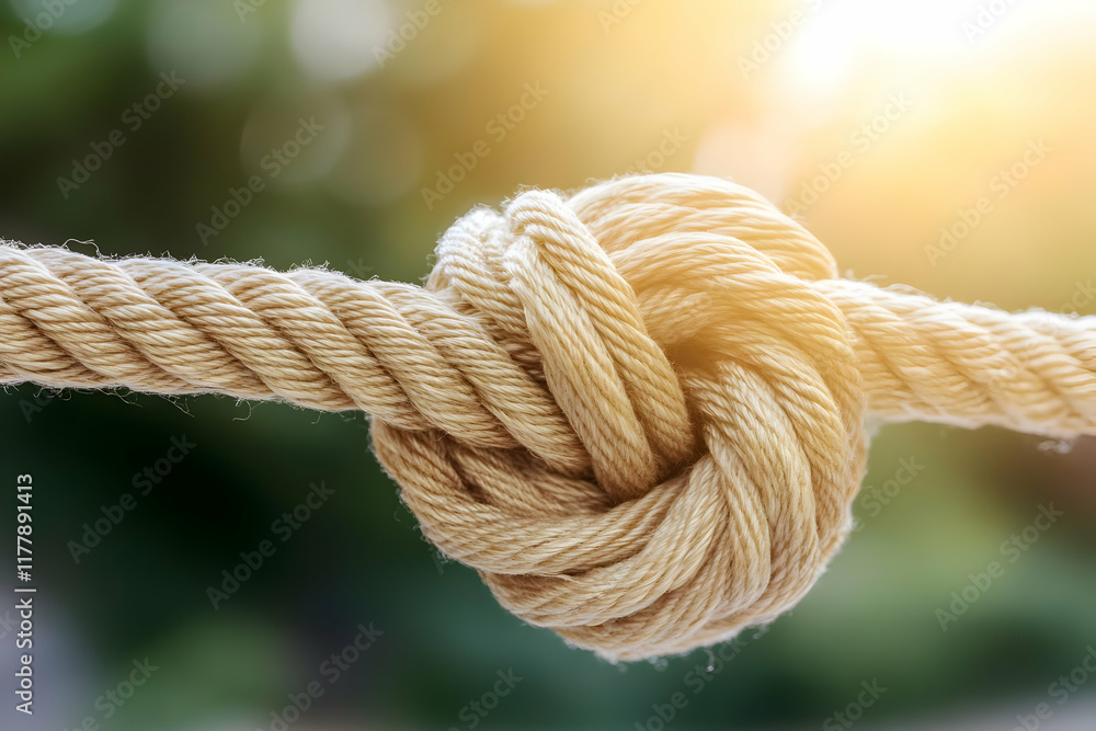 Strong rope knot outdoors, sunlight background; teamwork, connection, unity concepts Strong rope knot outdoors, sunlight background; teamwork, connection, unity concepts