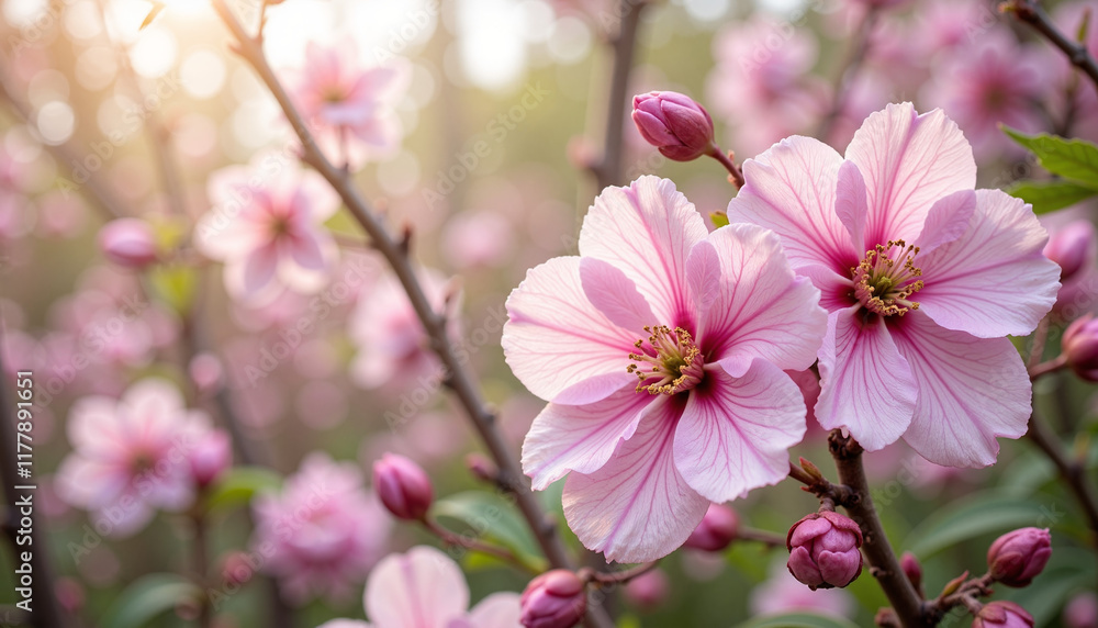 Pink cherry blossoms in full bloom with sunlight filtering through
Pink cherry blossoms in full bloom with sunlight filtering through