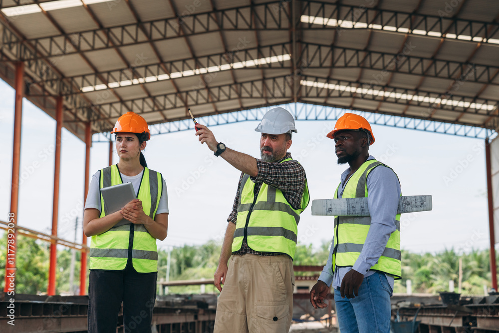 Three construction workers are standing in a building Three construction workers are standing in a building