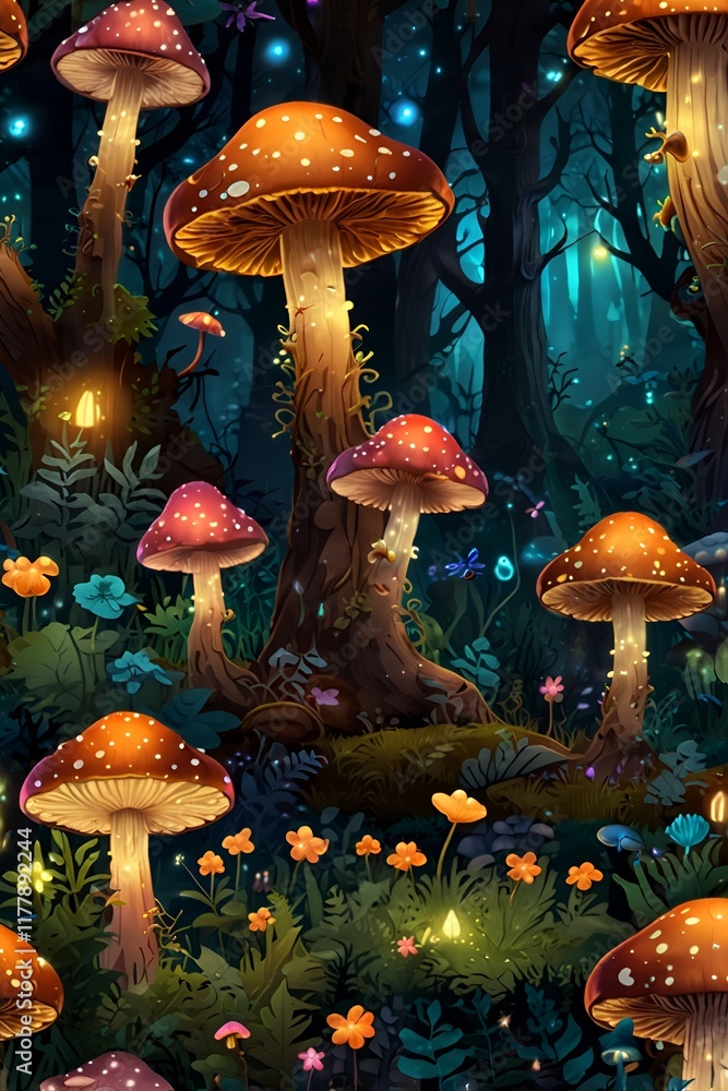 Fototapeta premium Enchanted forest scenes with glowing mushrooms, fireflies, or magical creatures.