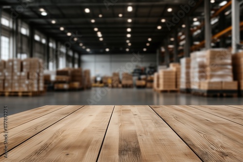 Wallpaper Mural Minimalist product photography empty wooden tabletop in industrial setting Torontodigital.ca