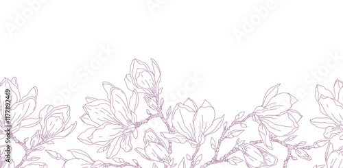 Floral border with Magnolia branches and flowers. Spring seamless horizontal background with minimal hand drawn pattern in line art style. Vector illustration