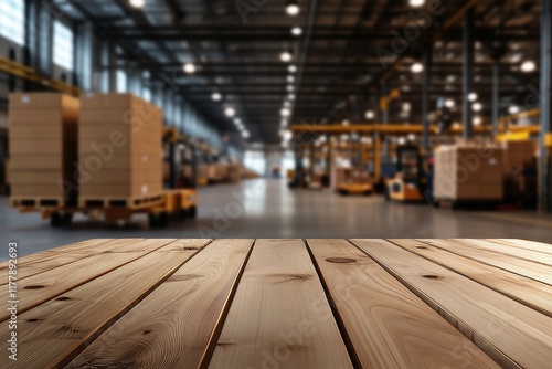 Wallpaper Mural empty wooden table with Logistics operations showcase industrial space perspective Torontodigital.ca