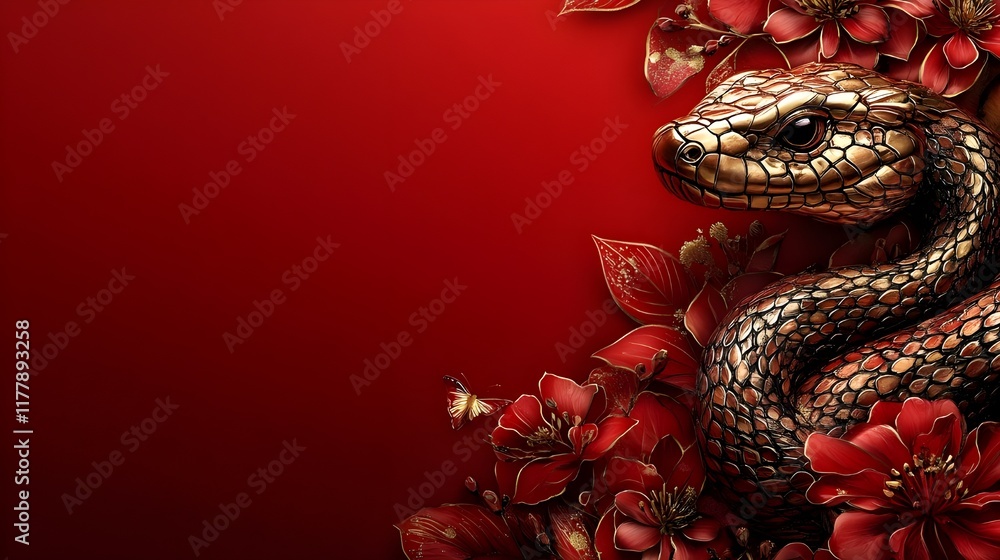 Fototapeta premium chinese Elegance of the Zodiac: Lunar New Year Design, close up of a gold white snake in red background for card celebration Lunar Festive Zodiac in Gold Linework
