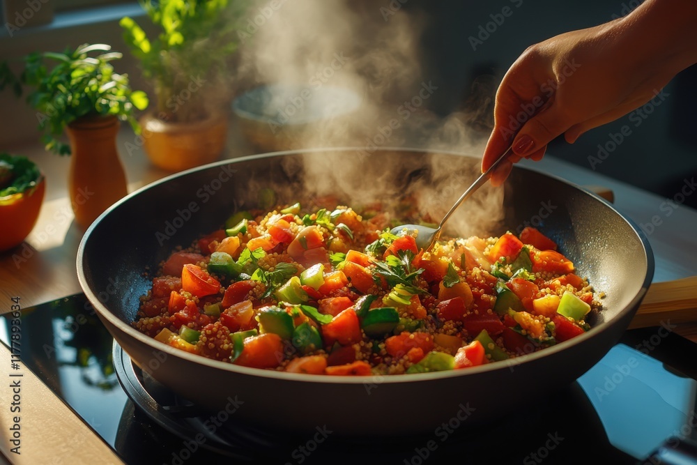 Fresh vegetable couscous being stirred in sunlit kitchen Fresh vegetable couscous being stirred in sunlit kitchen