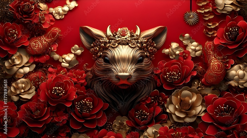 Fototapeta premium Golden Sculpted Rat – Bold and Elegant with Gold Floral Accents, Perfect for Lunar New Year Cards, Home Decor, and Auspicious Gifts