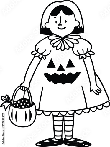 Cartoon vector illustration of a little girl dressed up as a pumpkin, cartoon illustration of a little girl dressed up as a pumpkin silhouette vector