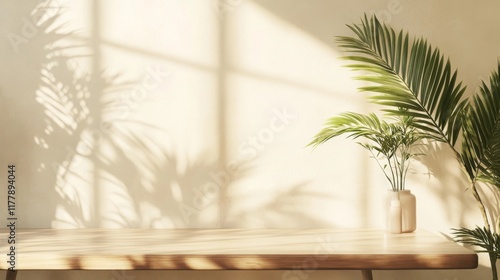 Fototapeta Naklejka Na Ścianę i Meble -  Wooden table counter, tropical tree and reeded glass partition in dappled sunlight on beige white wall for modern, luxury fashion, beauty, cosmetic, skincare, body care, product background 3D 