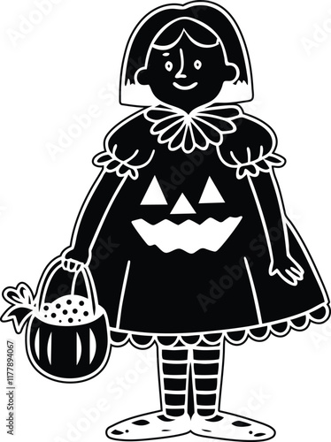 Cartoon vector illustration of a little girl dressed up as a pumpkin, cartoon illustration of a little girl dressed up as a pumpkin silhouette vector