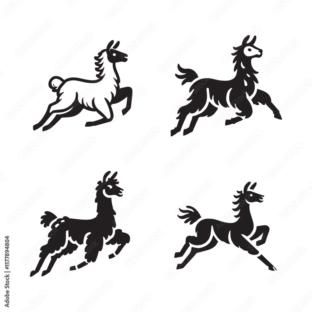 Running Llama Silhouette Vector Set - Black and White Animal Illustrations Running Llama Silhouette Vector Set - Black and White Animal Illustrations