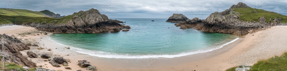A serene beach landscape featuring rocky formations and calm waters. A serene beach landscape featuring rocky formations and calm waters.