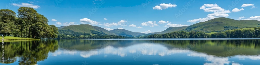 A serene lake scene reflecting mountains and trees under a clear blue sky. A serene lake scene reflecting mountains and trees under a clear blue sky.