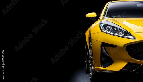close up of the illuminated headlights of a yellow sports car in the dark isolated on black background sporty luxury car racing design advertising concept
