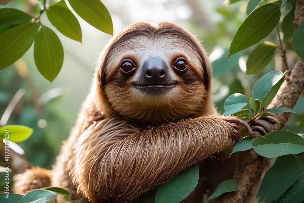 Naklejka premium Peaceful three-toed sloth resting serenely on branch against blurred tropical foliage