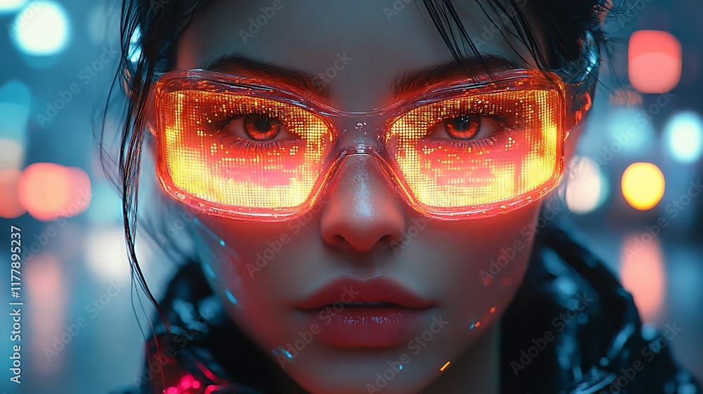 Cyberpunk Woman with Futuristic Goggles in Neon City Cyberpunk Woman with Futuristic Goggles in Neon City
