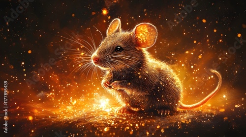 rat on the moon Space rat: A vibrant vector illustration of a rat silhouette against a cosmic backdrop of swirling galaxies, glowing stars, and a fiery orange sun. Chinese New Year Zodiac: Golden Harm photo