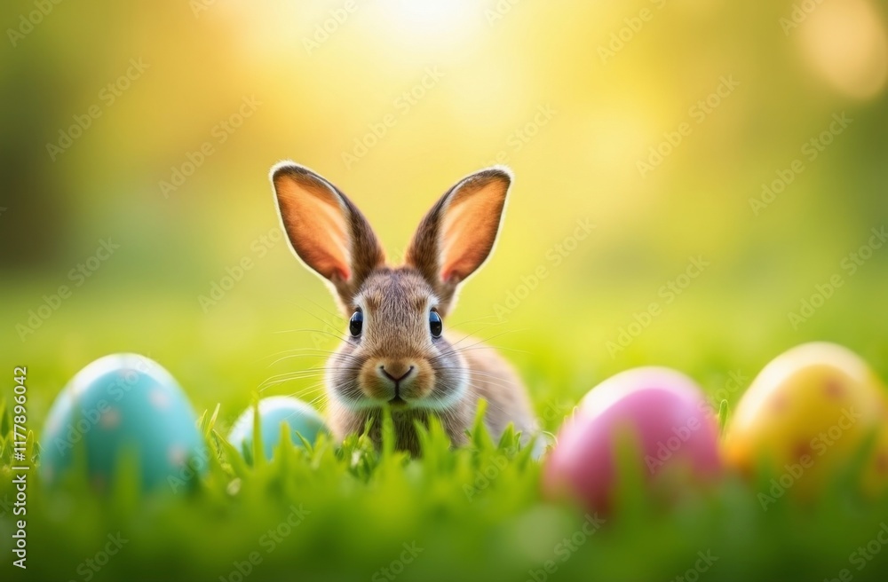 Fototapeta premium Brown rabbit surrounded by colorful Easter eggs in green grass during golden hour, glowing sunlight in the background