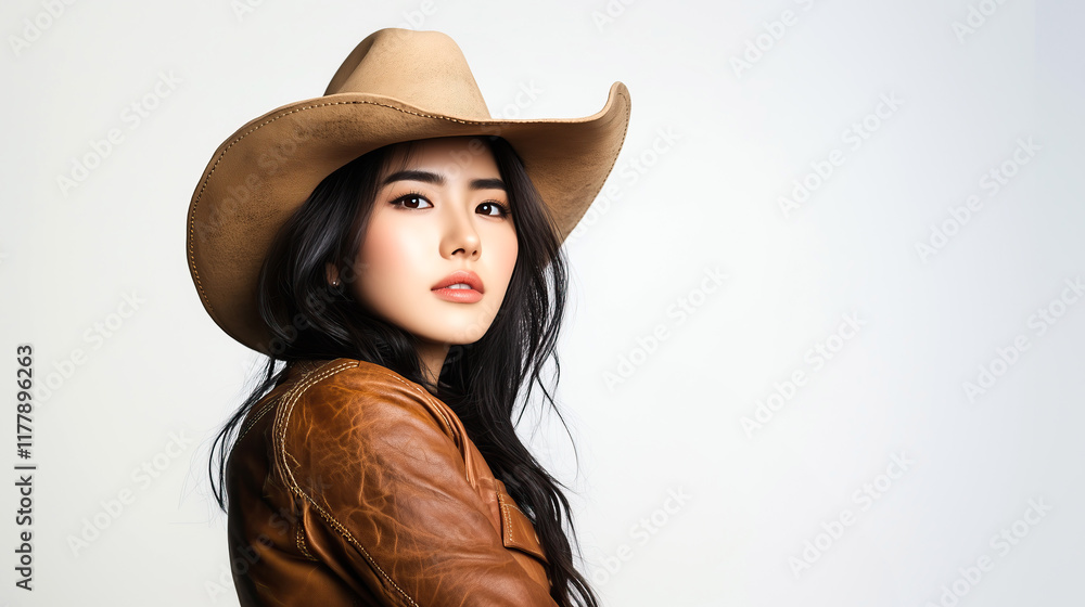 asian female cowgirl model isolated on white background asian female cowgirl model isolated on white background
