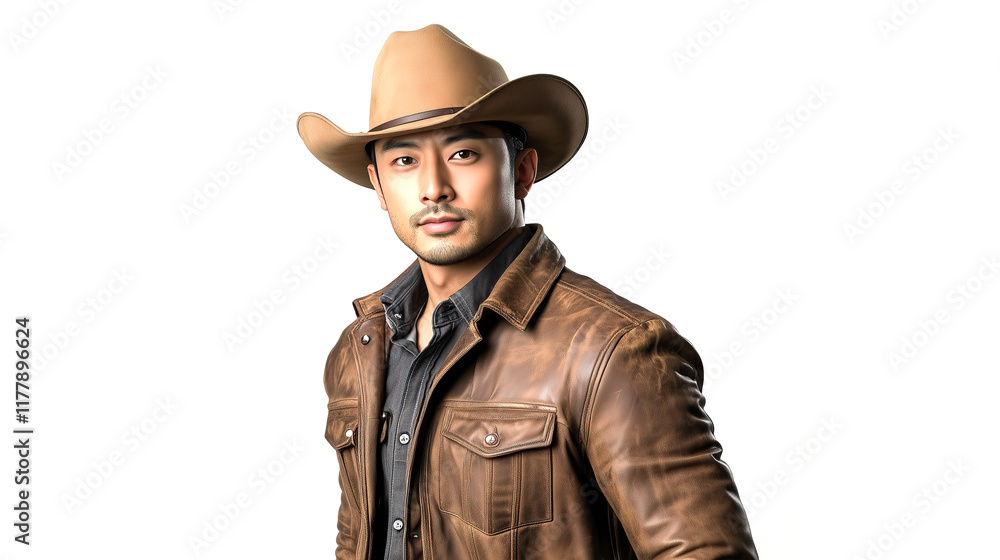 asian male cowboy model isolated on white background asian male cowboy model isolated on white background