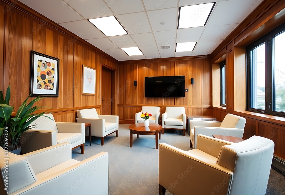 A wooden office waiting room is furnished with comfortable armchairs and features a television for entertainment A wooden office waiting room is furnished with comfortable armchairs and features a television for entertainment