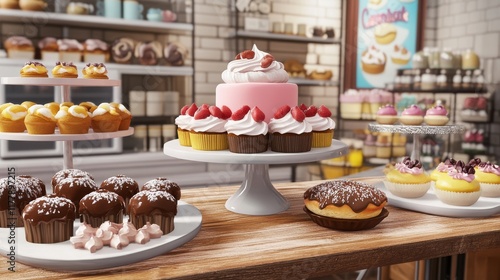 3d dessert. Bakery shop sweets, pastries and cakes. Realistic ice cream, pie and cookies. Chocolate and cupcake, donut, pithy vector clipart