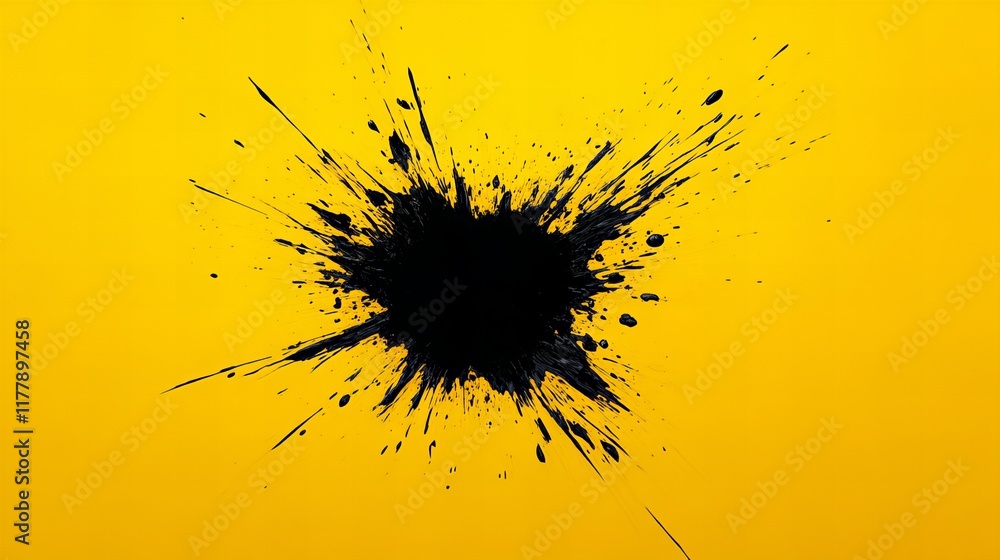 Abstract black ink splatter on a vibrant yellow background. A bold contrast of color and texture. Abstract black ink splatter on a vibrant yellow background. A bold contrast of color and texture.
