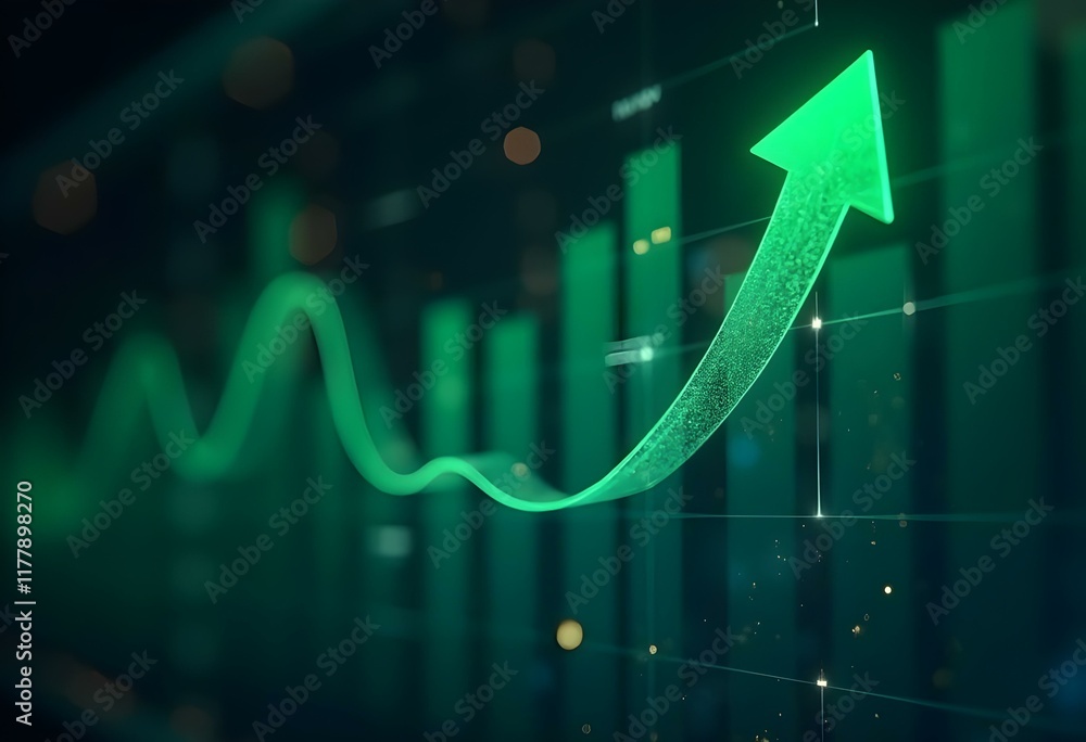 Green arrow pointing upward on financial graph. Business growth chart with rising trend line. Digital stock market data visualization for investment analysis