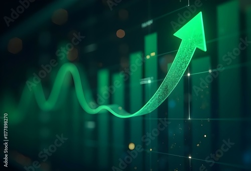 Obraz na płótnie Green arrow pointing upward on financial graph. Business growth chart with rising trend line. Digital stock market data visualization for investment analysis w salonie