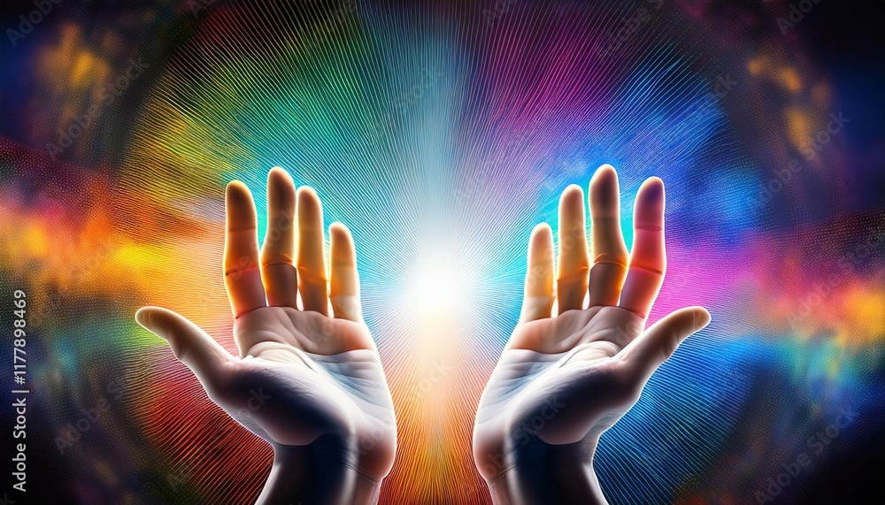 spiritual hands with vibrant auras creating colorful energy in an abstract background spiritual hands with vibrant auras creating colorful energy in an abstract background