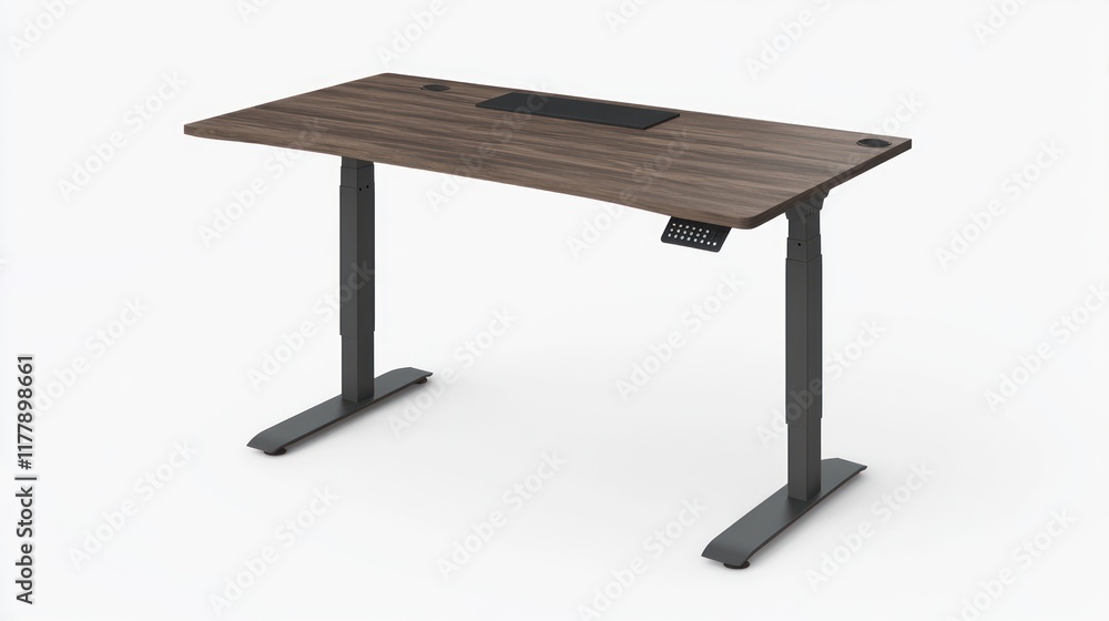 Electric height adjustable standing desk with dark wood top and black frame. Electric height adjustable standing desk with dark wood top and black frame.
