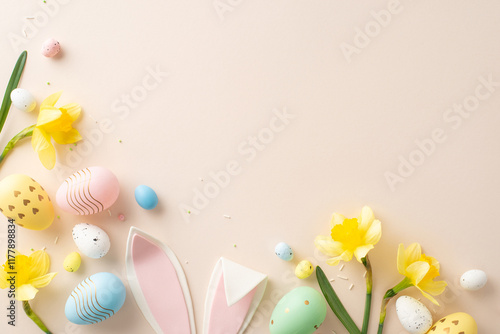 Colorful Easter decorations including painted eggs, bunny ears, and daffodils are arranged creatively photo