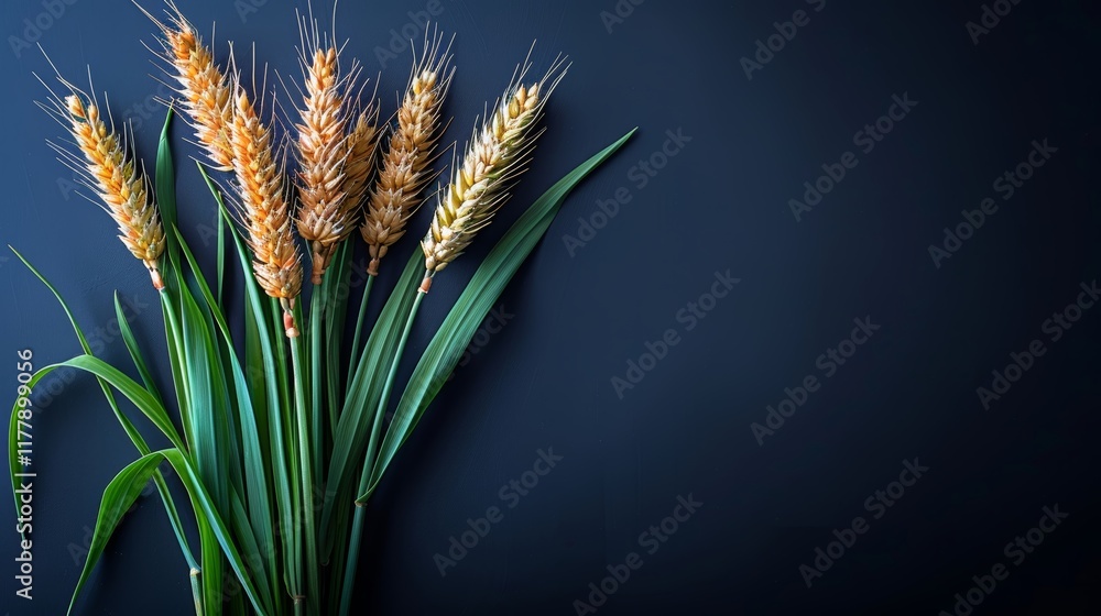 Fototapeta premium A collection of golden wheat stalks is artfully arranged with long green leaves, showcasing their texture and color against a dark backdrop that enhances their natural beauty. Copy space