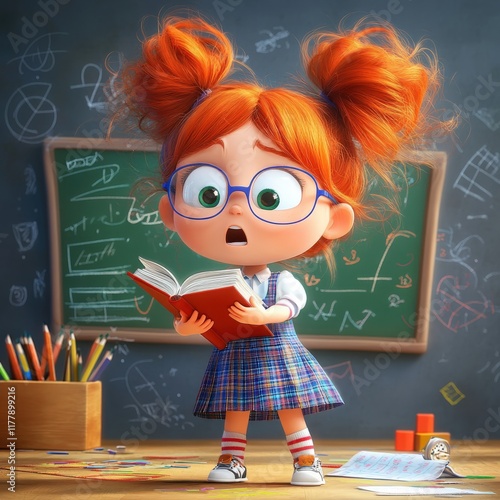 Animated young girl in classroom reading book with surprised expression