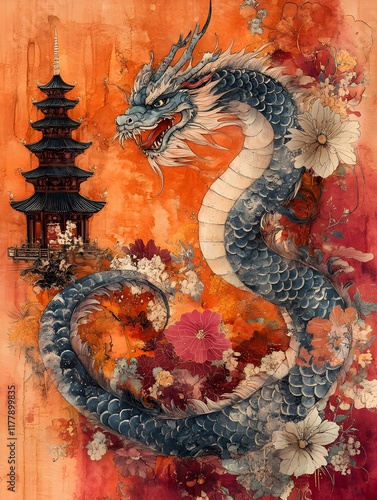 This image features a traditional Chinese dragon statue, a symbol of power and good fortune in Asian art and culture photo