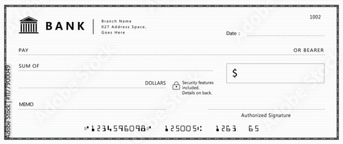 Bank check, vector blank money cheque, checkbook template with guilloche pattern and fields. Currency payment coupon, money check background