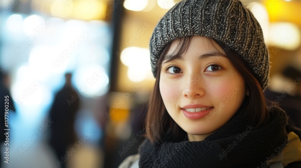 Close-up portrait of a smiling young Asian woman wearing a knit hat and scarf. Close-up portrait of a smiling young Asian woman wearing a knit hat and scarf.