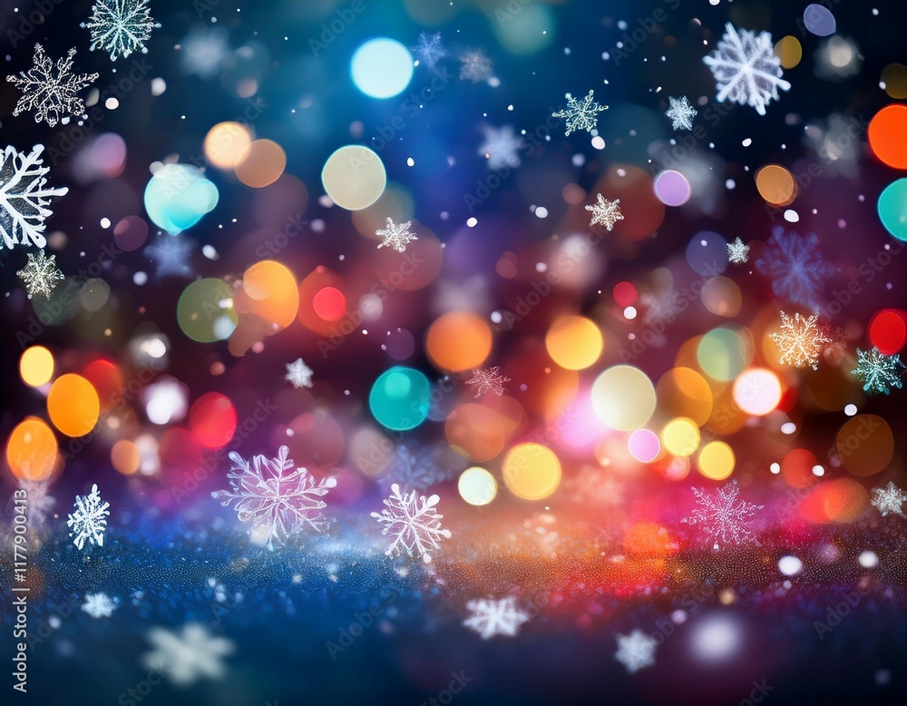 colorful bokeh lights and falling snowflakes create a festive atmosphere colorful bokeh lights and falling snowflakes create a festive atmosphere