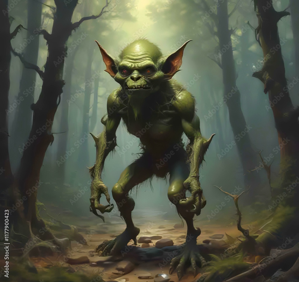 Fototapeta premium Illustration of goblin in wild forest.