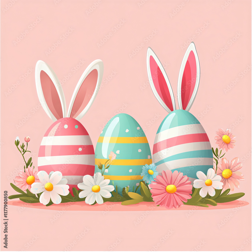 Obraz premium Pastel Easter Eggs with Bunny Ears in a Floral Setting