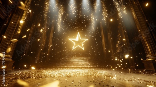 Gold podium with star vector illustration. Abstract golden award platform with glowing rays, glitter confetti sparkle rain falling from above background for product presentation.